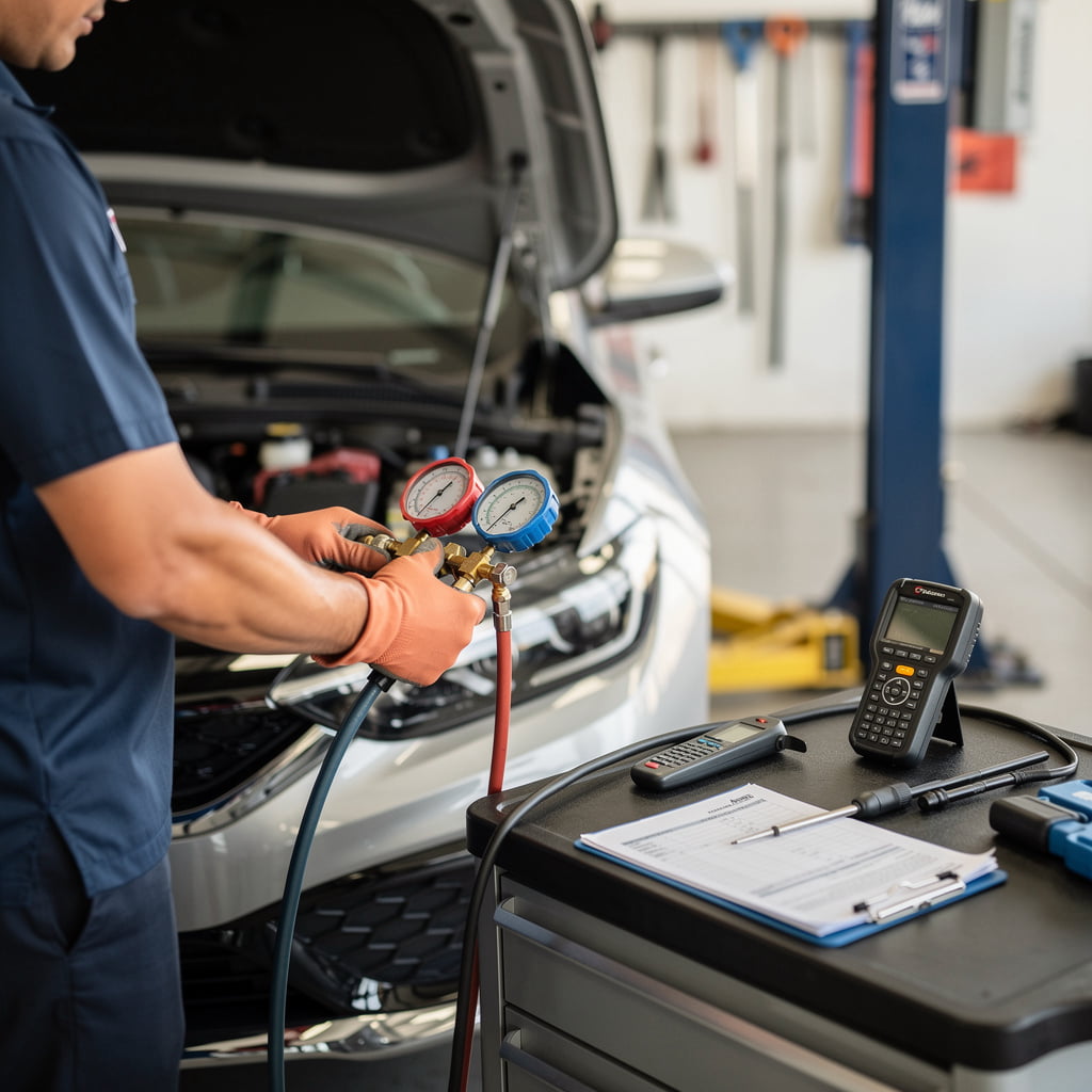 Blue Mesa Auto Repair technician inspecting a car air conditioning system at the Nob Hill, Albuquerque shop