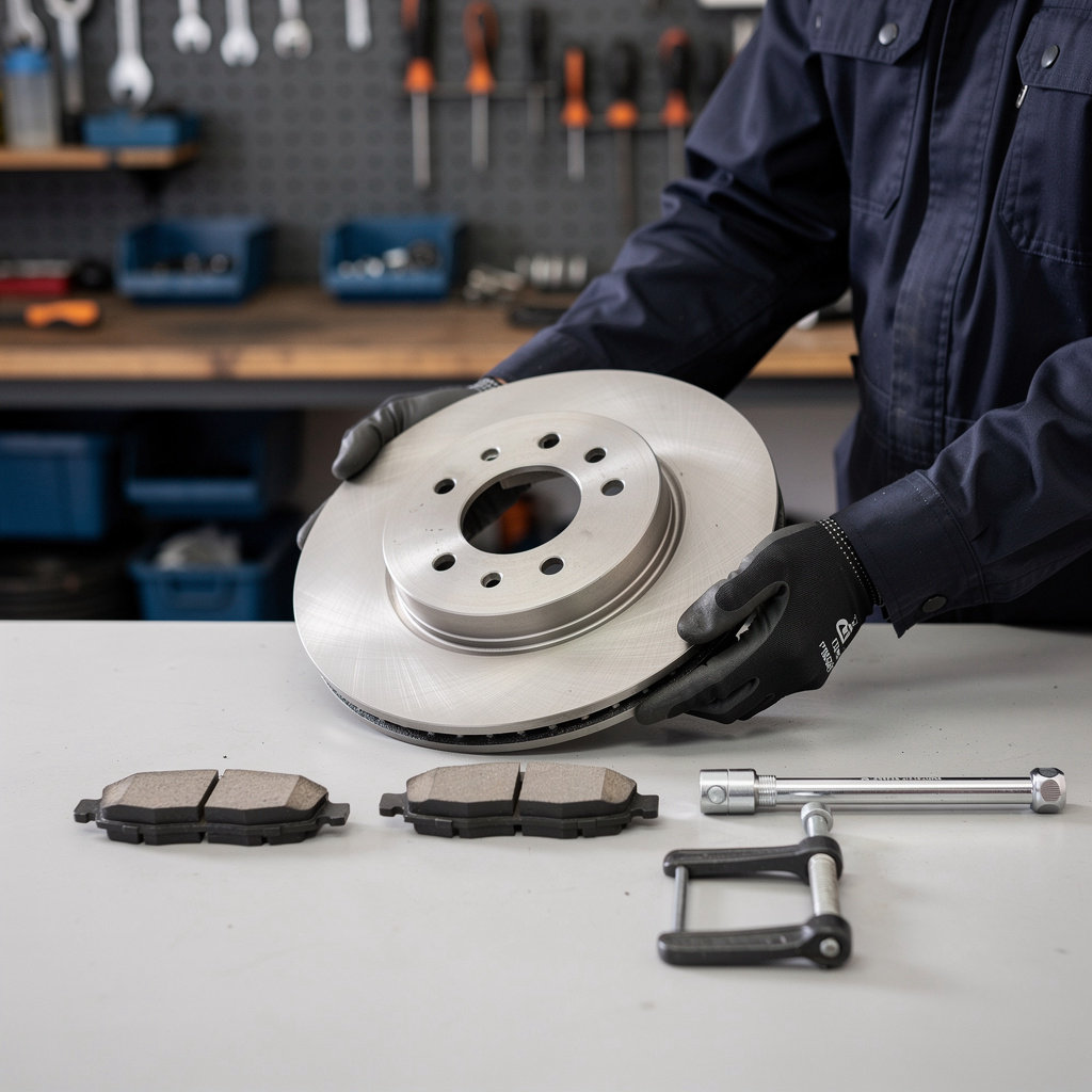Brake system inspection at Blue Mesa Auto Repair in Nob Hill, Albuquerque, showing pads and rotors explained before service