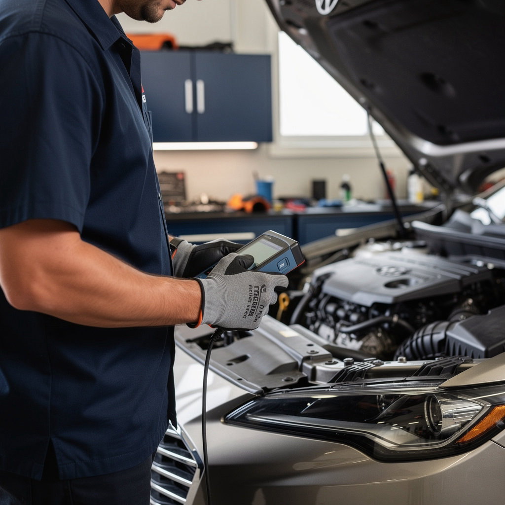 Blue Mesa technician connecting a scan tool to a vehicle to read check engine light trouble codes