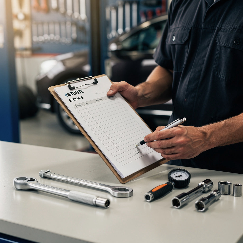 Blue Mesa Auto Repair written service estimate and clipboard for honest auto repair quotes in Nob Hill, Albuquerque
